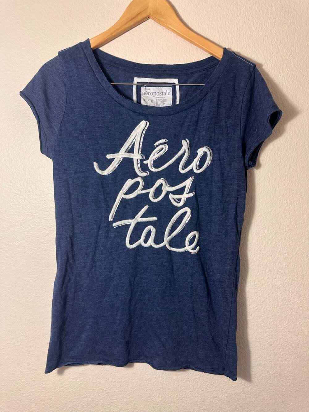 Y2K Aéropostale Aero Script Logo Tee Navy Blue 
 XL Youth or M Adult